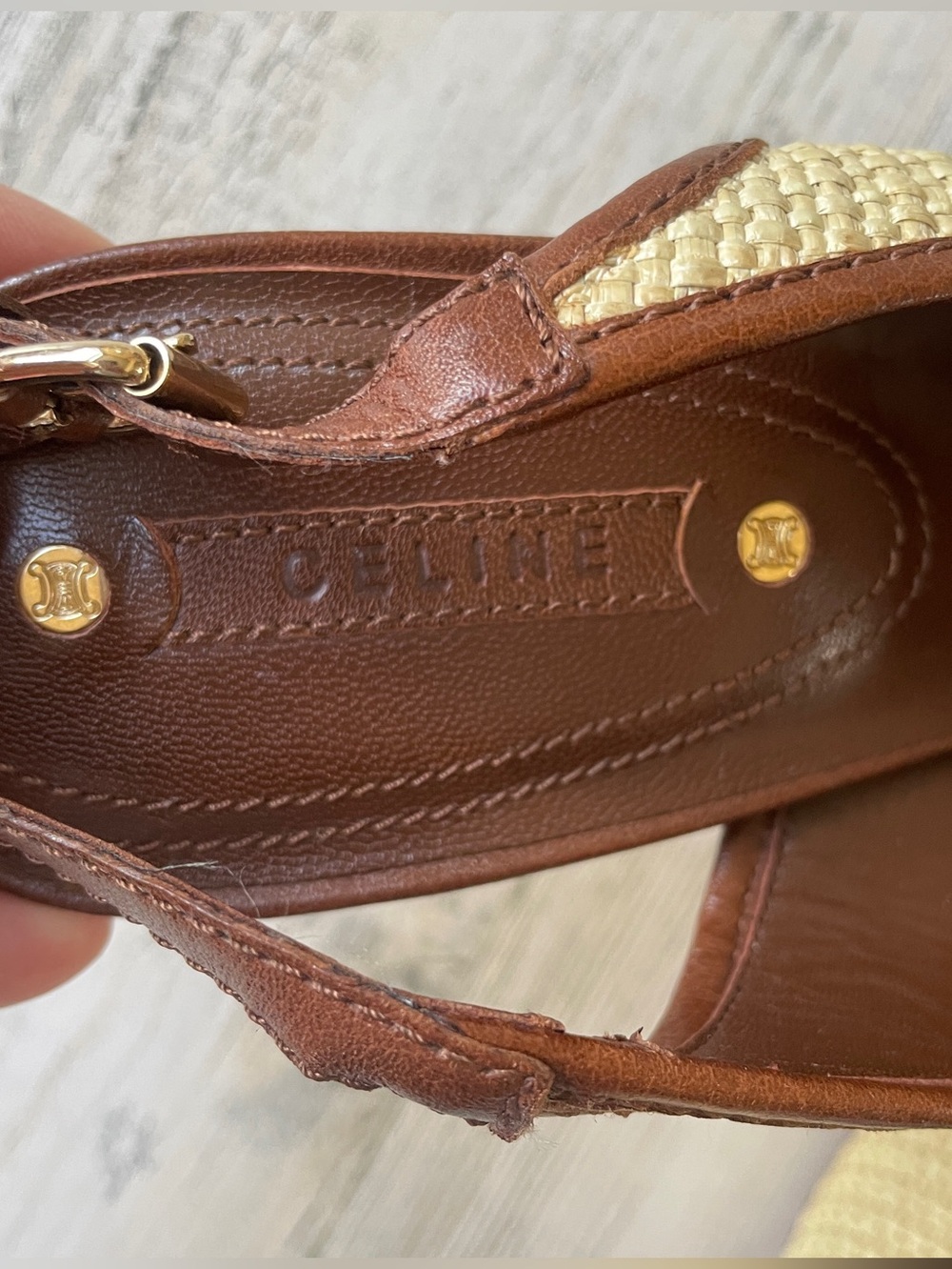Celine Slingback Heels Brown Leather & Raffia Straw Pointed-Toe SZ 40.5 C US 9.5 - Picture 12 of 14